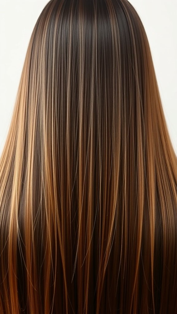 Long straight hair with caramel-dipped ends, showcasing a beautiful balayage effect.