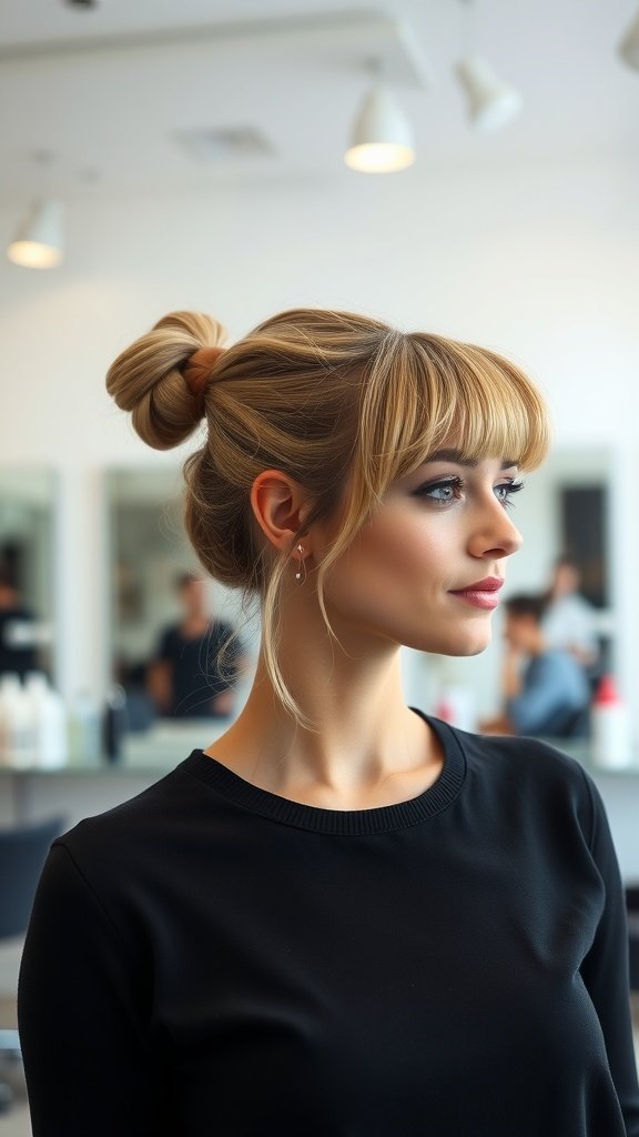 A woman with a chic top knot hairstyle and curtain bangs, showcasing a stylish look in a salon setting.