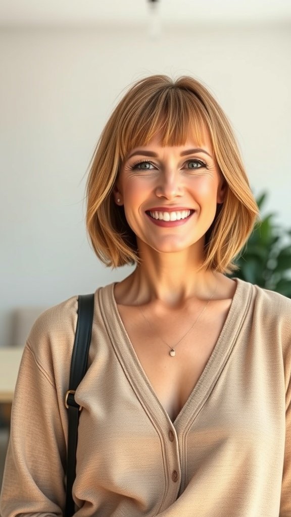 A woman with a chin-length bob hairstyle and soft layers, smiling confidently.