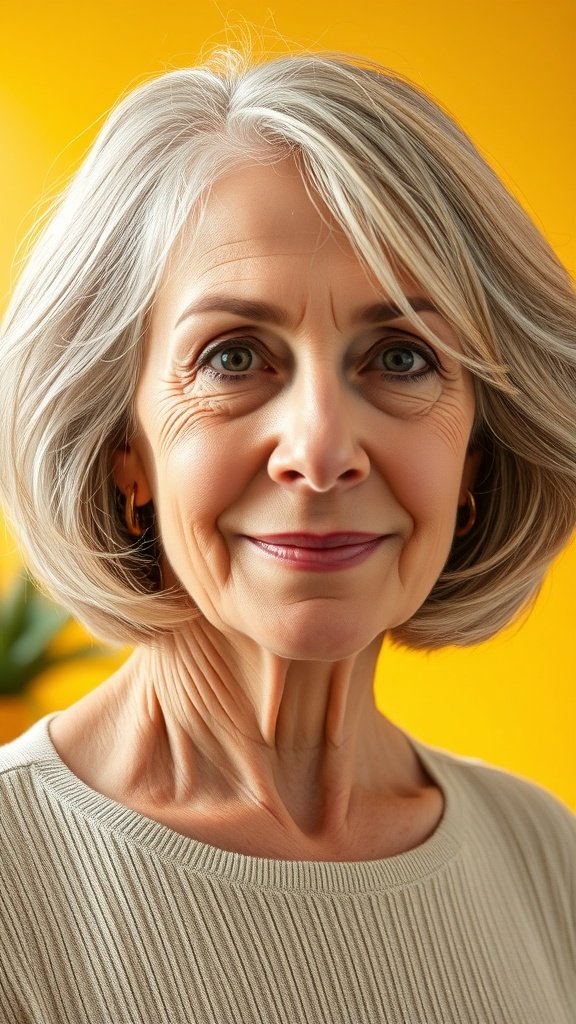 A woman with chin-length rounded bob hairstyle, smiling against a yellow background.