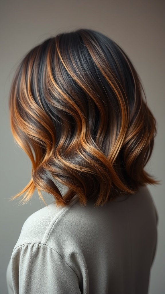 A stylish chocolate brown to caramel ombre bob hairstyle with soft waves.