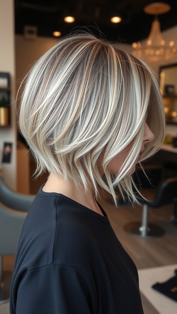 A stylish choppy bob hairstyle with subtle highlights, showcasing layers and texture.