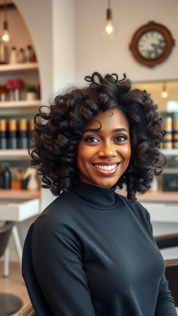 A woman with a classic pin curl perm, smiling in a stylish salon setting.