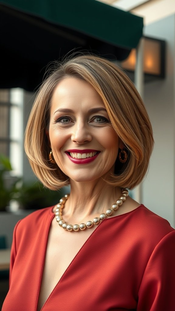 A woman with a classic rounded bob hairstyle and subtle highlights, wearing a red dress and pearl necklace, smiling confidently.