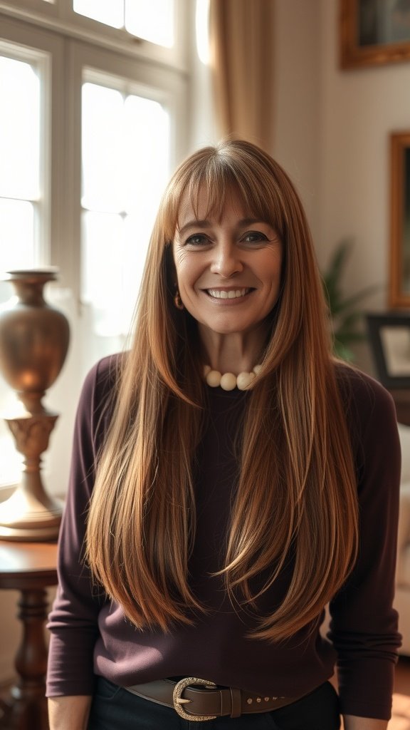 A woman with long, straight hair and curtain bangs, smiling in a cozy indoor setting.