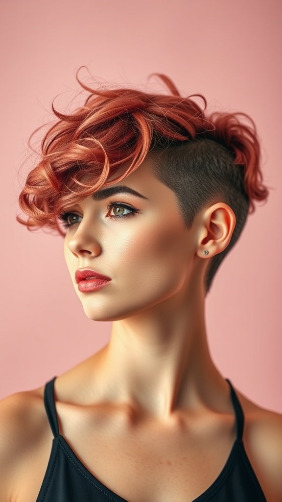 A woman with a curly pixie bob hairstyle featuring shaved sides, showcasing a modern and edgy look.