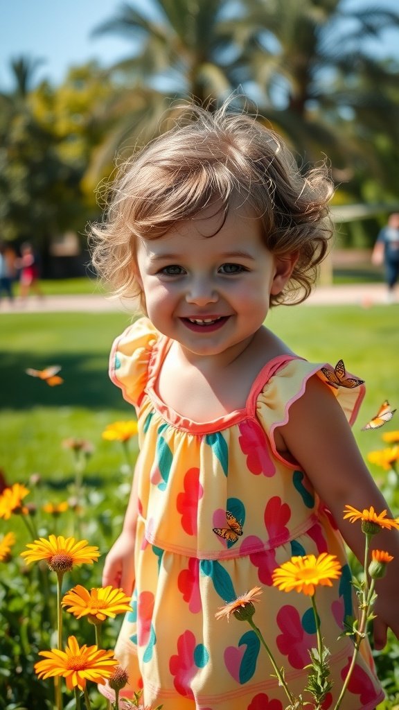 A little girl with curly shag cut smiling in a field of flowers.