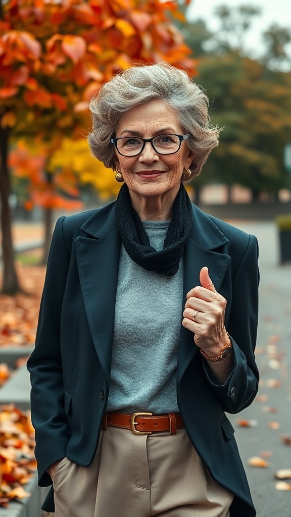 A stylish older woman with a curly wedge cut, wearing a blazer and sweater, standing in an autumn setting.