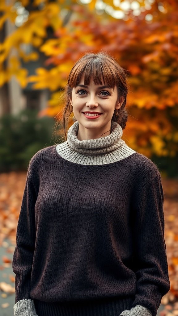 A woman with curtain bangs and a low bun, smiling in an autumn setting.