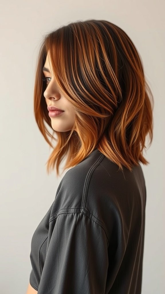 A woman with dark-rooted copper hair styled in loose waves, showcasing a beautiful fade from dark to light.