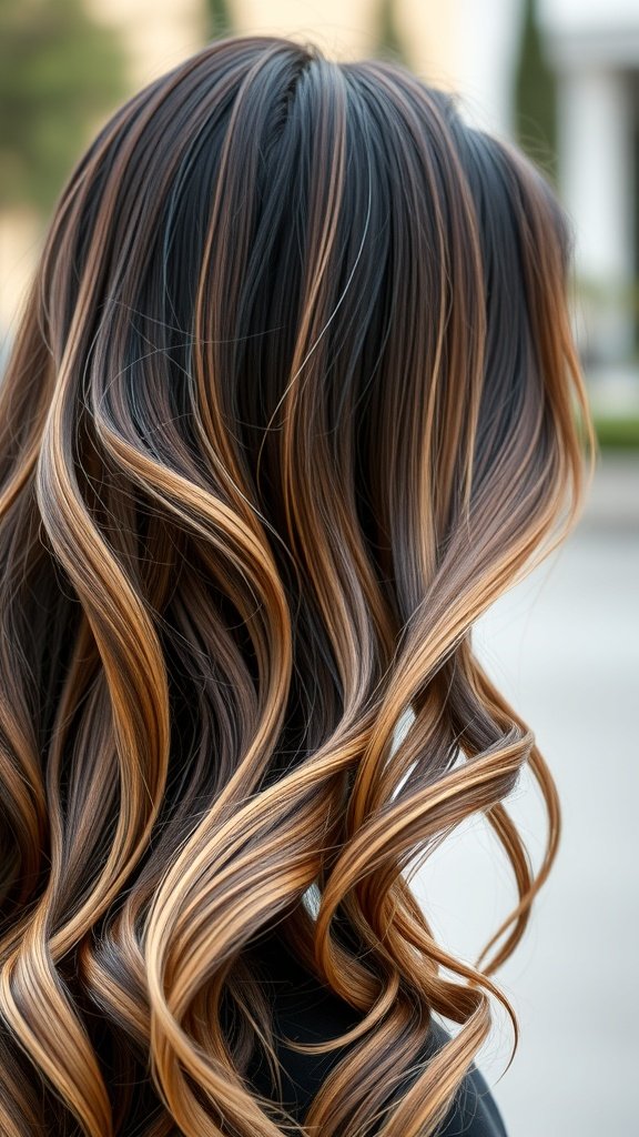 Dark chestnut hair with soft golden balayage highlights, styled in loose waves.