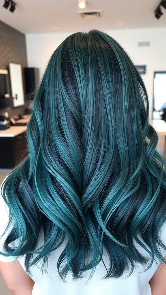 A back view of hair styled in deep teal balayage with flowing waves.