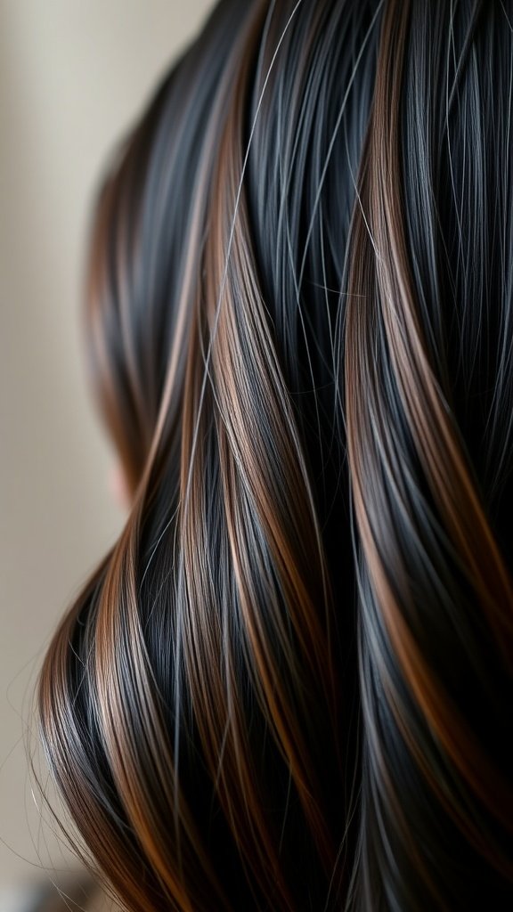 Hair with deep-jet black roots and walnut highlights