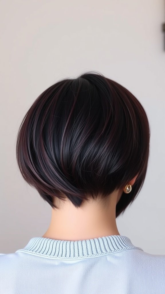 A back view of a deep plum pixie cut with side bangs, showcasing the rich color and stylish cut.