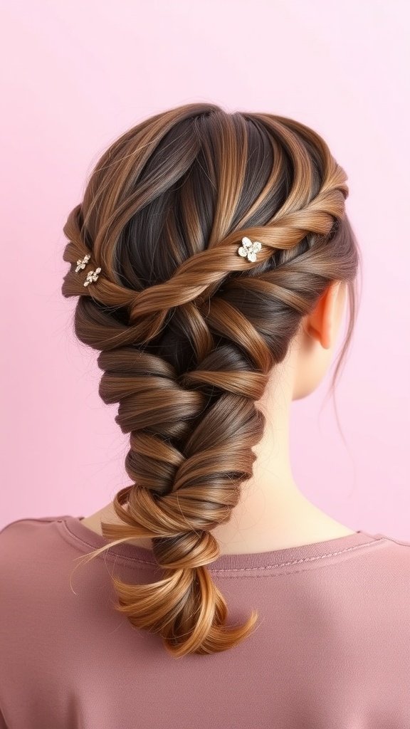 A hairstyle featuring double Dutch braids leading to a low bun with decorative hair accessories.