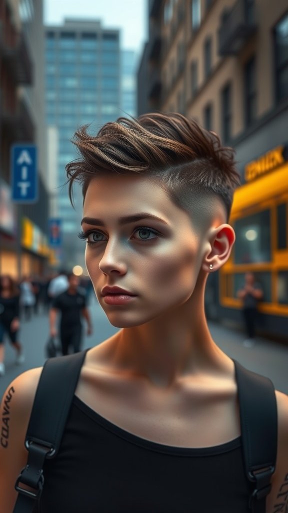 Edgy pixie haircut with shaved sides, showcasing thick hair texture and modern style.