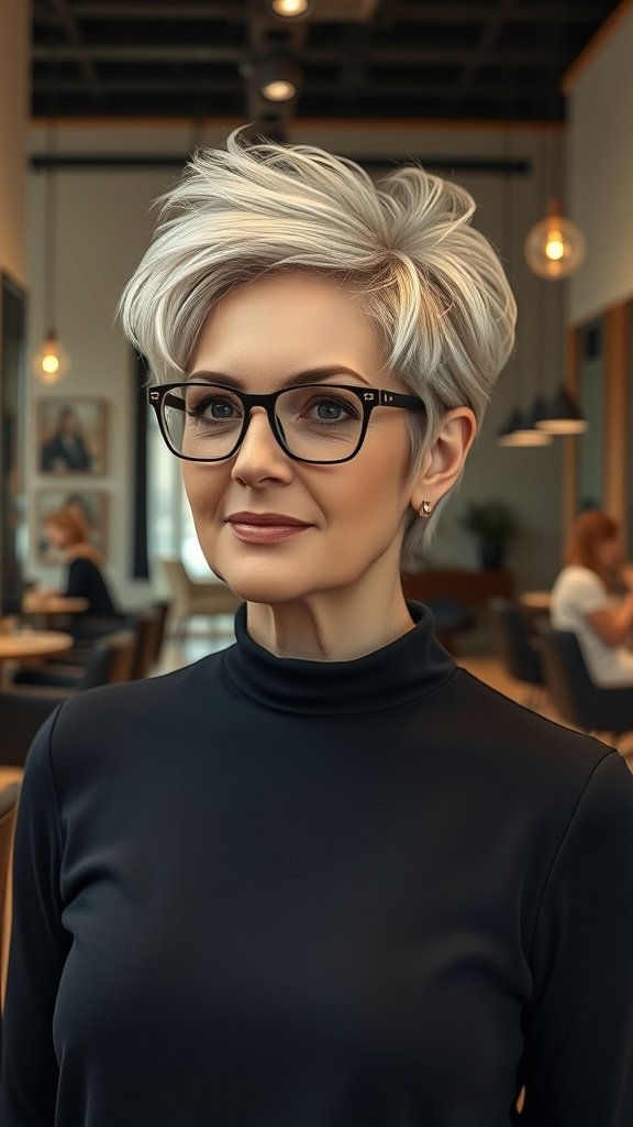 Woman with a feathered pixie haircut and voluminous crown, wearing glasses and a black top, in a modern cafe setting.
