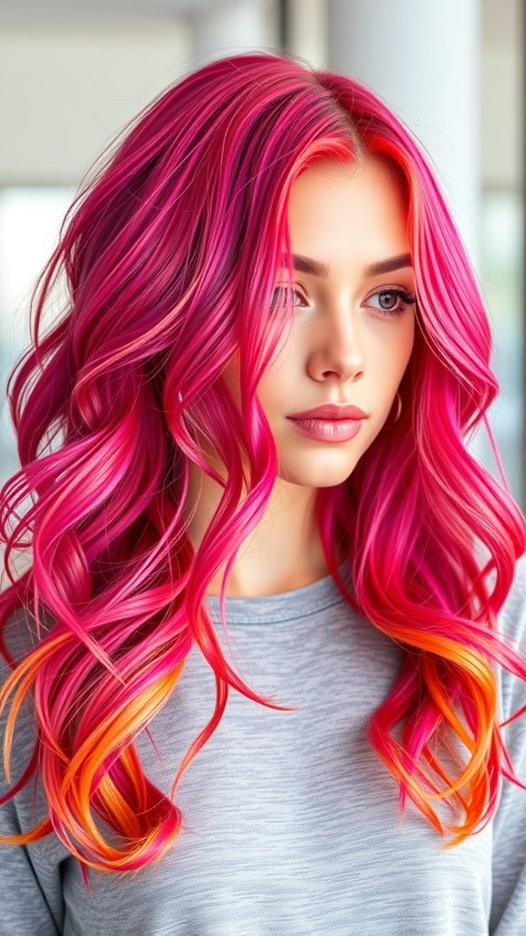 A woman with fiery pink hair featuring orange streaks, styled in loose waves.