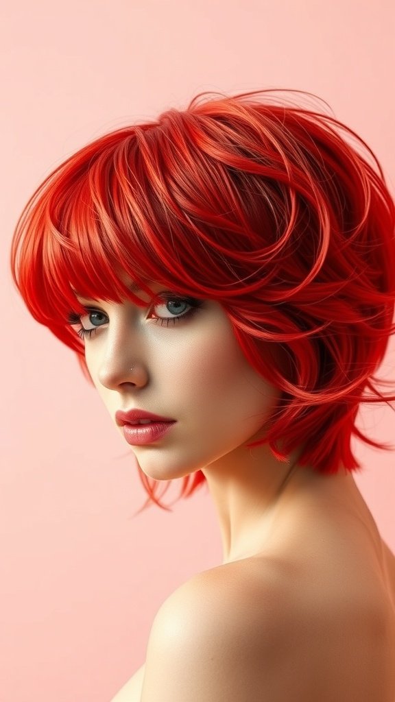 A woman with fire engine red hair styled in a bob with a fringe, set against a soft pink background.