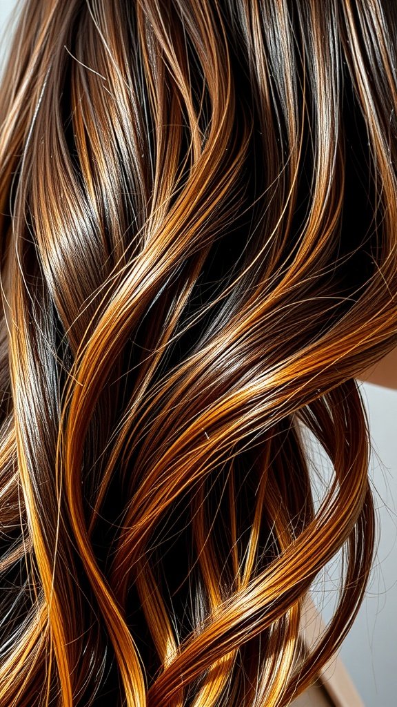 Layered brown hair with golden caramel highlights styled in soft waves.