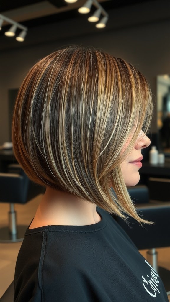 A graduated bob hairstyle with an elongated side, showcasing layers and highlights.