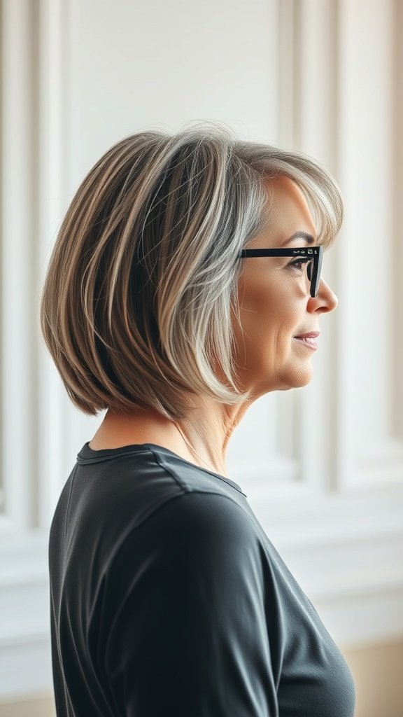 A woman with a graduated bob hairstyle and glasses, showcasing a stacked back.