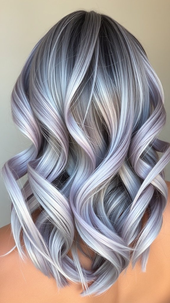 A stylish gray and lavender balayage hairstyle with soft waves.