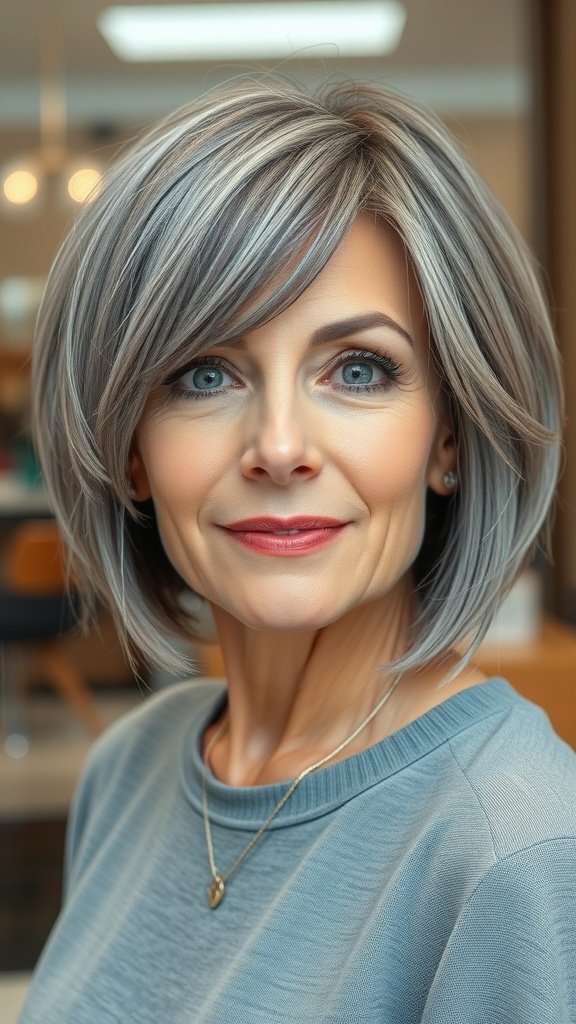 A woman with a stylish gray bob hairstyle featuring face-framing layers.