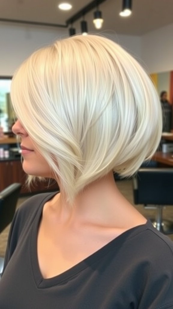 Icy blonde angled bubble bob hairstyle with sharp edges