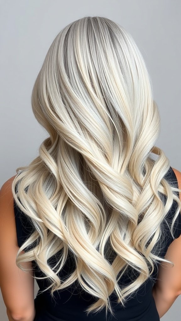 Icy blonde hair with silver lowlights styled in soft waves