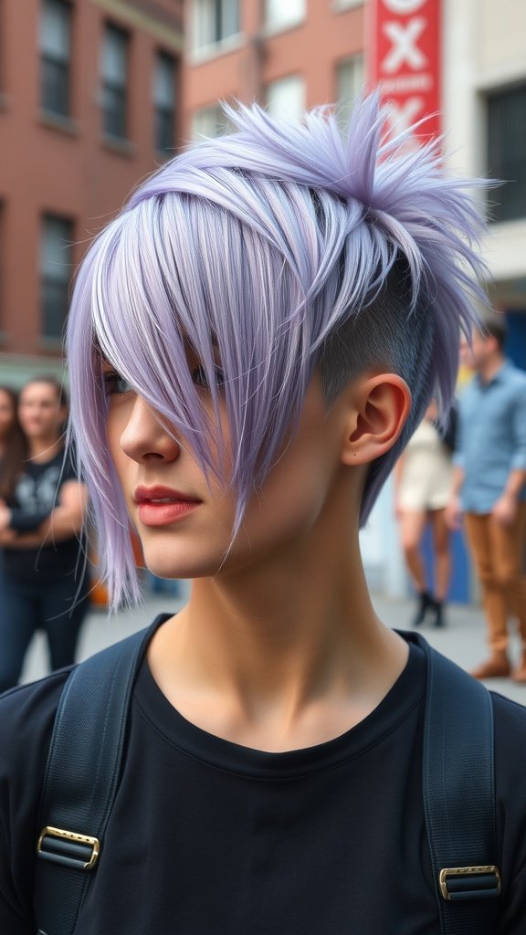 A person with a lavender mullet hairstyle featuring razored ends, showcasing a modern take on a retro style.