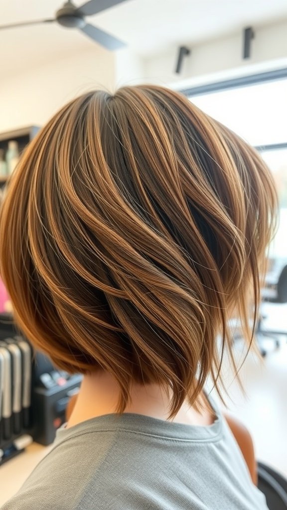A layered bob hairstyle with curtain bangs, showcasing warm highlights and a stylish cut.
