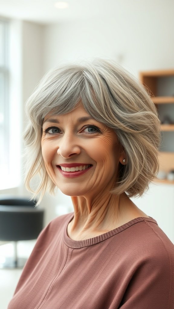 A smiling older woman with a layered crop haircut and feathered fringe, showcasing a modern and stylish look.