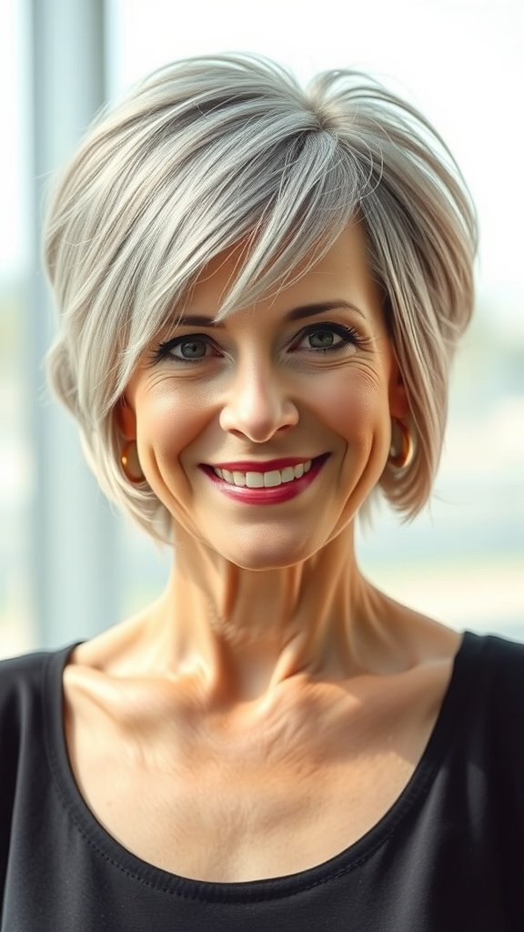 A woman with a layered pixie hairstyle and curtain bangs, smiling confidently.