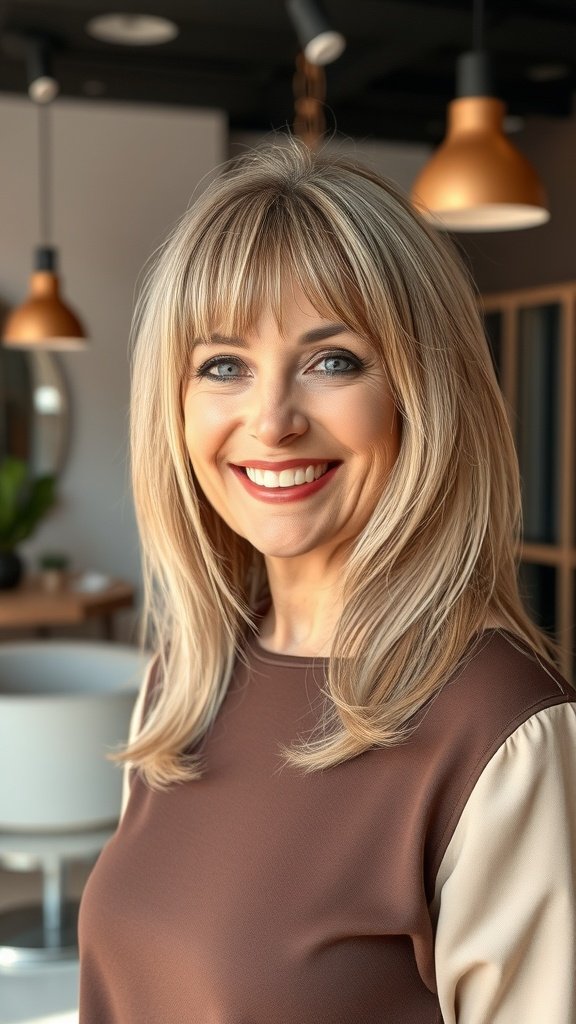 A woman with a long layered cut and feathered bangs, smiling in a modern interior.