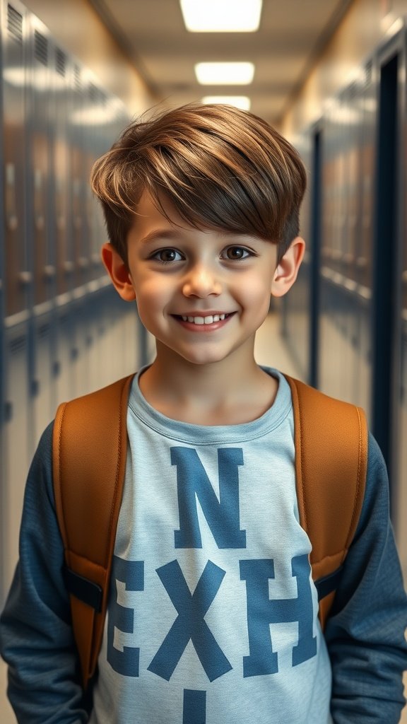 A young boy with a long top and short sides haircut, smiling in a school hallway.
