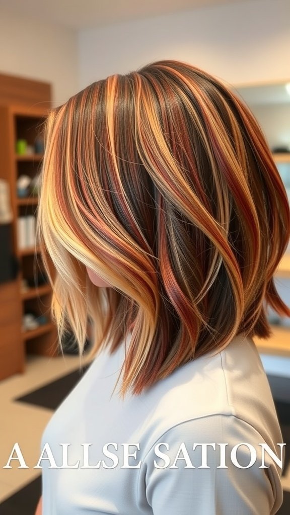 Shoulder-length hairstyle with chunky highlights in warm tones.