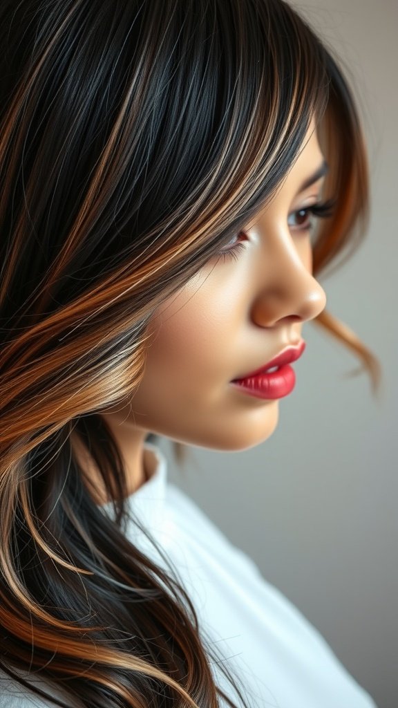 A close-up of a woman with black hair featuring rose gold blonde highlights, showcasing a stylish and elegant look.