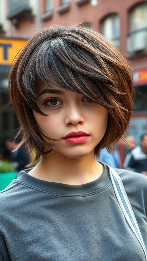 A young woman with a medium-length shag haircut featuring voluminous layers and jagged edges, showcasing a trendy and stylish look.