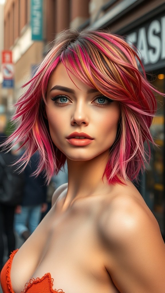 A person with modern shag haircut featuring disconnected choppy layers and vibrant colors.