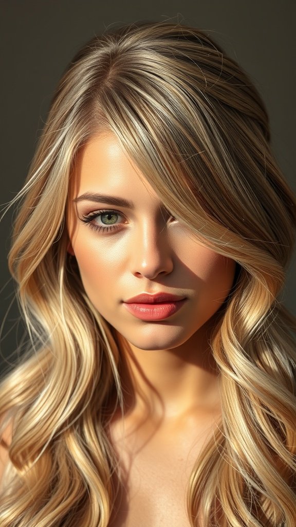 A woman with natural blonde hair featuring ash blonde money piece highlights, showcasing a fresh and vibrant hairstyle.