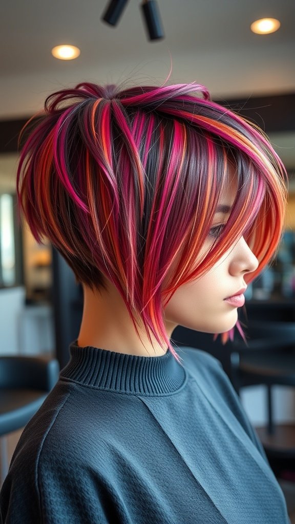 A stylish pixie-micro bob hybrid hairstyle with vibrant pink highlights and a textured top.