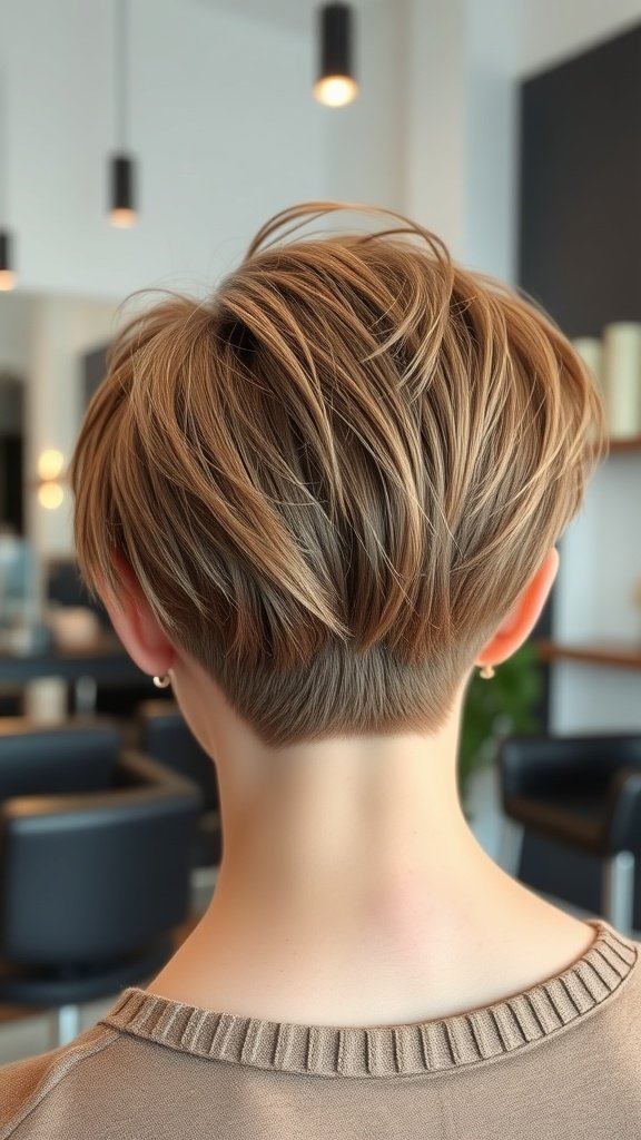 A stylish pixie shag haircut with micro bangs, showcasing textured layers and a youthful appearance.