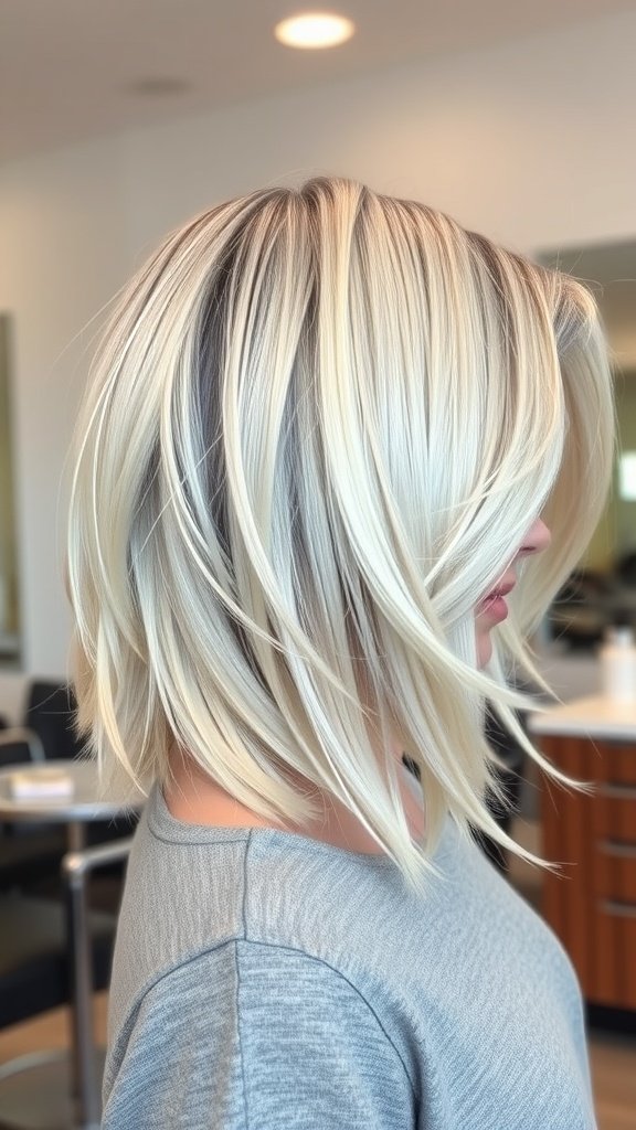 A stylish platinum blonde feathered bob hairstyle with dark roots, showcasing layers and volume.