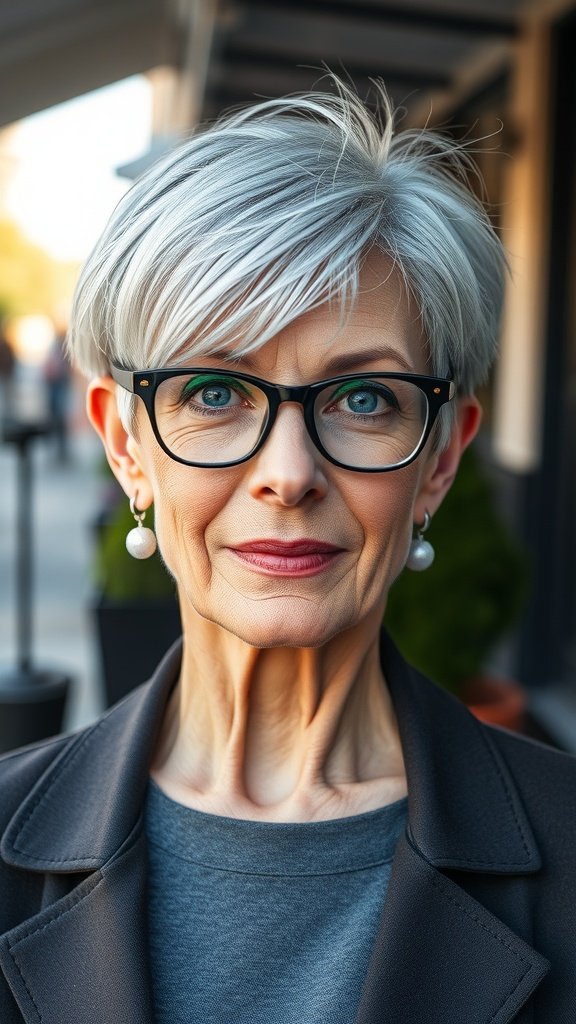 A woman over 50 with a platinum blonde pixie cut and wispy bangs, wearing glasses and a stylish outfit.