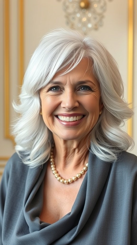 A smiling older woman with platinum layered hair styled in soft curls, wearing a gray top and pearl necklace.