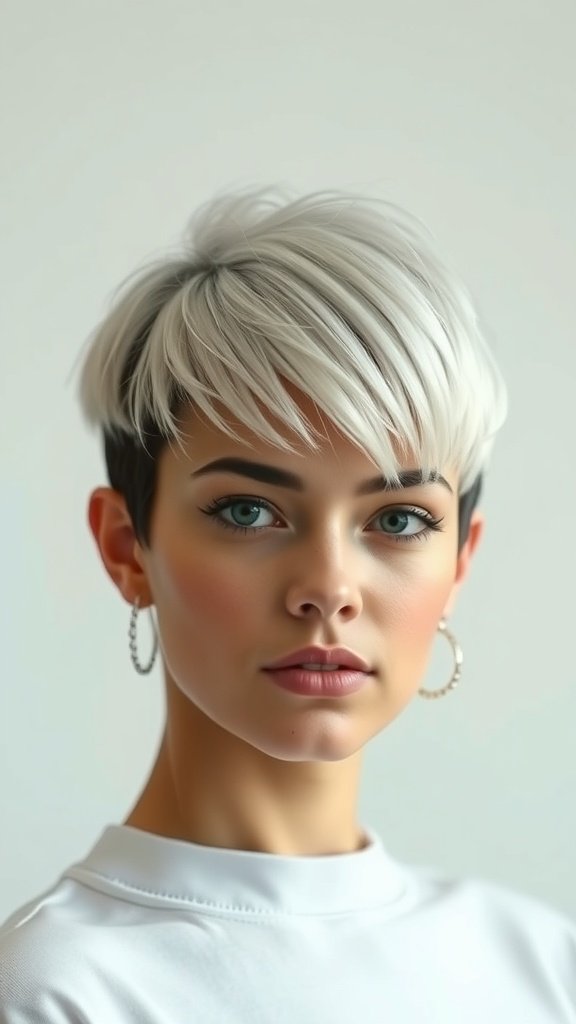 A woman with a platinum pixie haircut featuring dark roots, wearing a white top and hoop earrings.