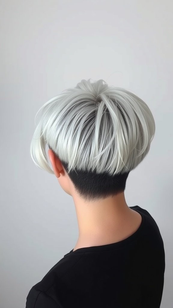 A stylish platinum pixie haircut with dark roots, featuring a tapered back and voluminous top.