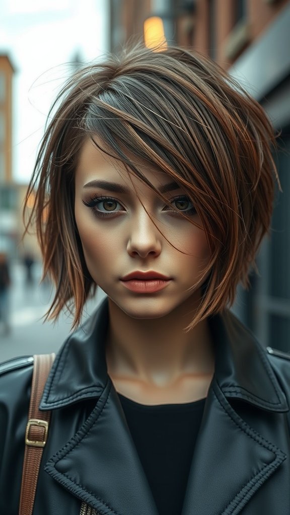 A model with a razor cut shag bob hairstyle, showcasing soft layers and rich hair tones.