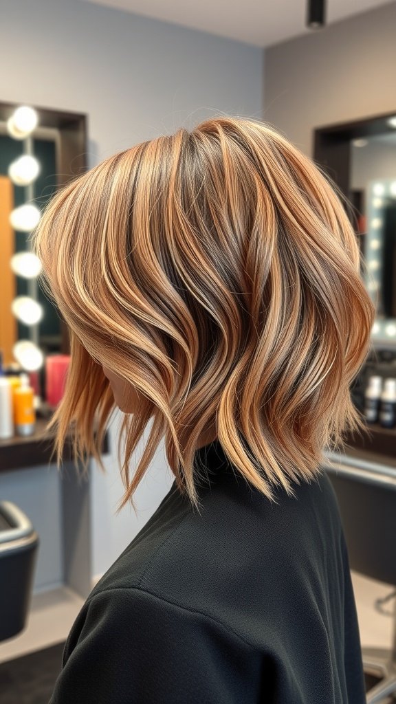 Rose gold textured bob hairstyle with side bangs